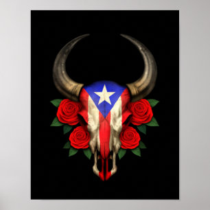 Puerto Rico Flag Bull Skull met rode rozen Poster