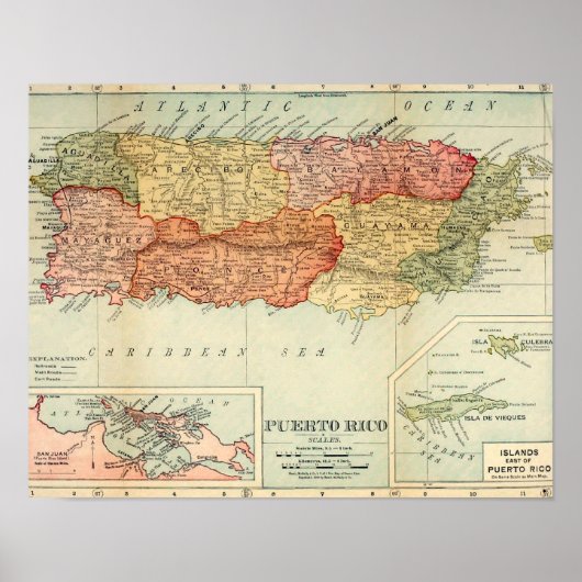 Puerto Rico Map, 1898 Poster (Voorkant)