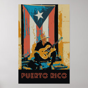 Puerto Rico, muzikant en Briefkaart onder de vlag Poster