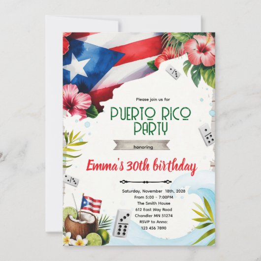 Puerto Rico party theme invitation (Devant)