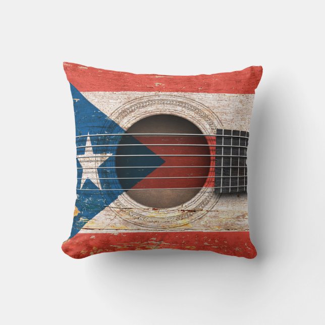 Puerto Rico vlag op de oude akoestische gitaar Kussen (Voorkant)