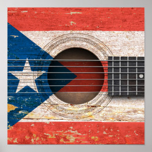Puerto Rico vlag op de oude akoestische gitaar Poster