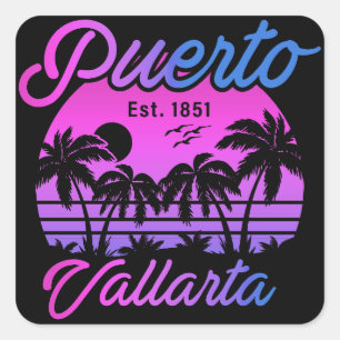 Puerto Vallarta Retro Sunset 80s Palmbomen Vierkante Sticker