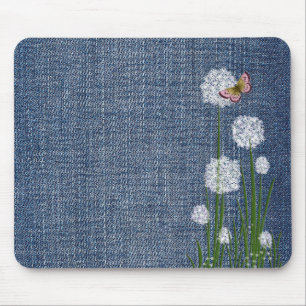 Puff Flowers op Denim Muismat