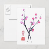 Puffés de fleurs de prune dans carte postale blanc (Devant / Derrière)