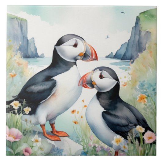 Puffin Birds aan de kust met Waterverf Flowers Tegeltje (Voorkant)