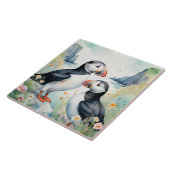 Puffin Birds aan de kust met Waterverf Flowers Tegeltje (Zijkant)