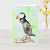 Puffin-inkt en Waterverf schilderen Kaart (Gele Bloem)