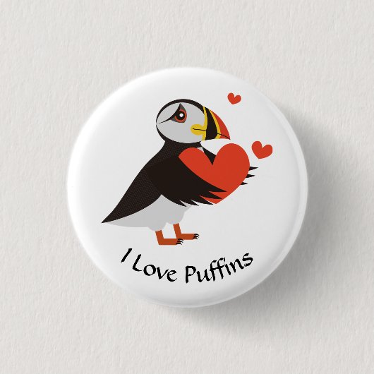 Puffin Love Red Hearts Button (Voorkant)