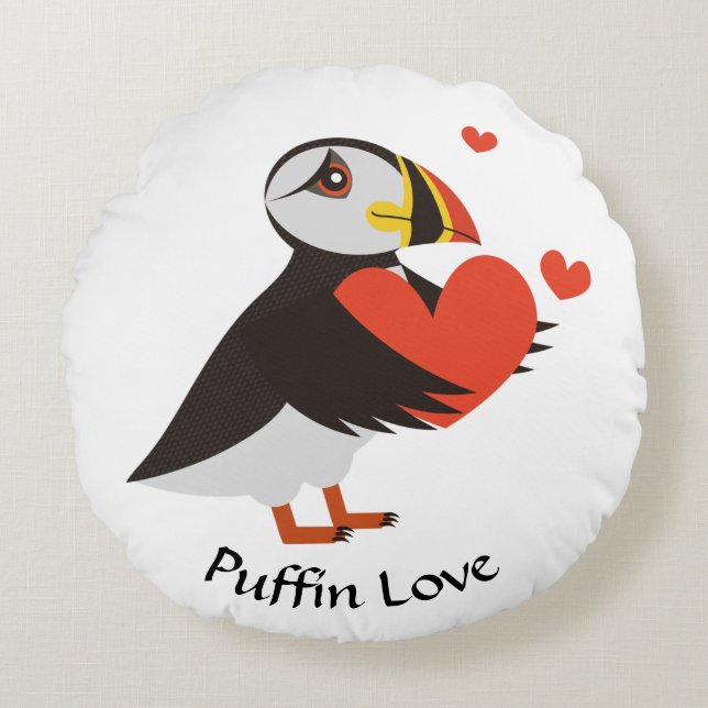 Puffin Love Red Hearts Rond Kussen (Voorkant)