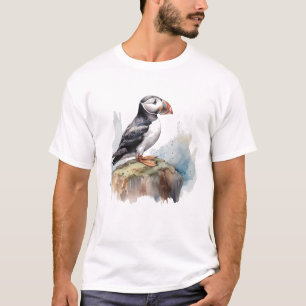 Puffin op een Rock Waterverf T-shirt