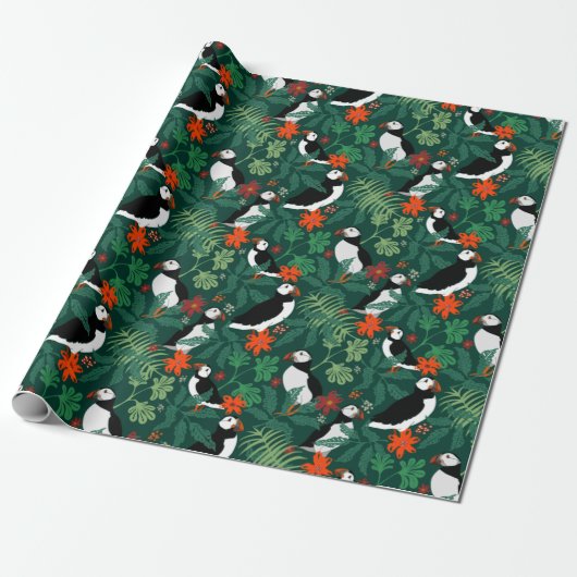 Puffin Pattern Lush Green Cadeaupapier (Uitgerold)