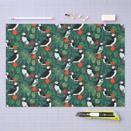Puffin Pattern Lush Green Tissuepapier (Craft)
