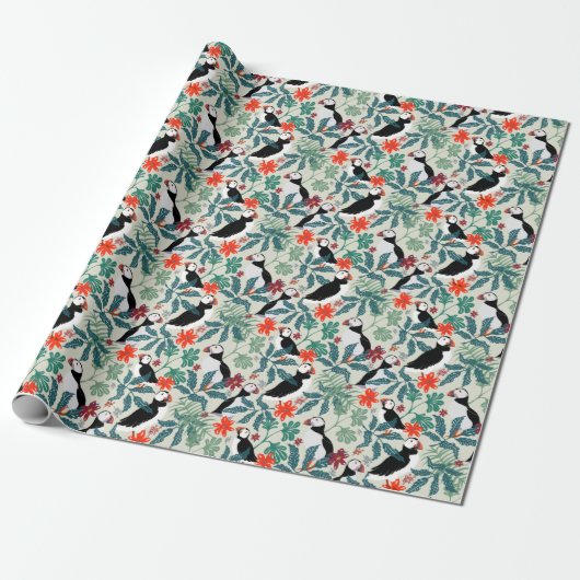 Puffin Pattern Warm Beige Cadeaupapier (Uitgerold)