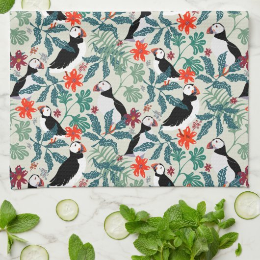 Puffin Pattern Warm Beige Theedoek (Gevouwen)