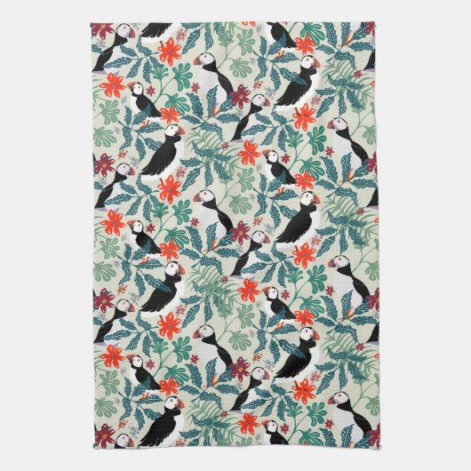 Puffin Pattern Warm Beige Theedoek (Verticaal)