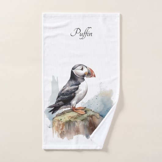 Puffin sur une aquarelle rocheuse, personnalisé (Serviette à main)