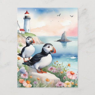 Puffins bij het Zee - Ocean Flowers & Lighthouse Briefkaart