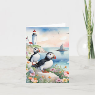 Puffins bij het Zee - Ocean Flowers & Lighthouse Kaart