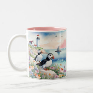 Puffins bij het Zee - Ocean Flowers & Lighthouse Tweekleurige Koffiemok