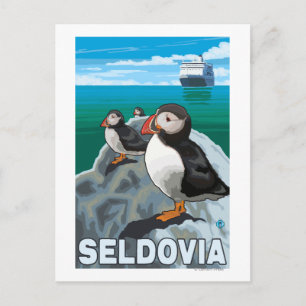 Puffins & Cruise Ship - Seldovia, Alaska Briefkaart