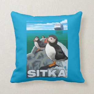 Puffins & Cruise Ship - Sitka, Alaska Kussen