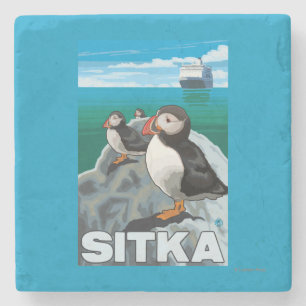 Puffins & Cruise Ship - Sitka, Alaska Stenen Onderzetter