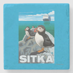 Puffins & Cruise Ship - Sitka, Alaska Stenen Onderzetter