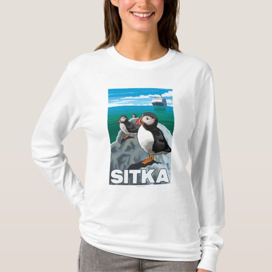 Puffins & Cruise Ship - Sitka, Alaska T-shirt (Voorkant)