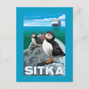 Puffins & Cruise Ship - Sitka Briefkaart