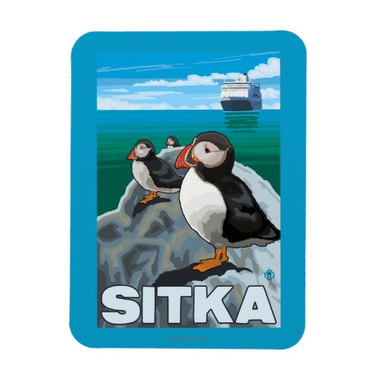 Puffins & Cruise Ship - Sitka Magneet (Verticaal)