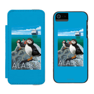 Puffins kijken naar een cruiseschip