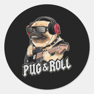 Pug and Roll Leuke Rockstar gitaar Rockin Music Si Ronde Sticker