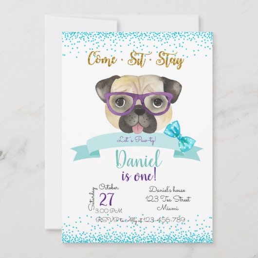 Pug Birthday Invitation, Pug Invite Kaart (Voorkant)