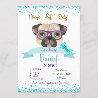 Pug Birthday Invitation, Pug Invite Kaart
