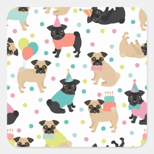 Pug Birthday Party Celebration Vierkante Sticker (Voorkant)