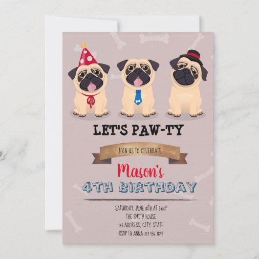 Pug Birthday party-uitnodiging Kaart (Voorkant)