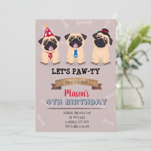 Pug Birthday party-uitnodiging Kaart (Staand voorkant)