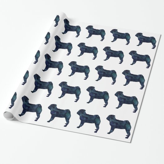 Pug black waterverf silhouet cadeaupapier (Uitgerold)