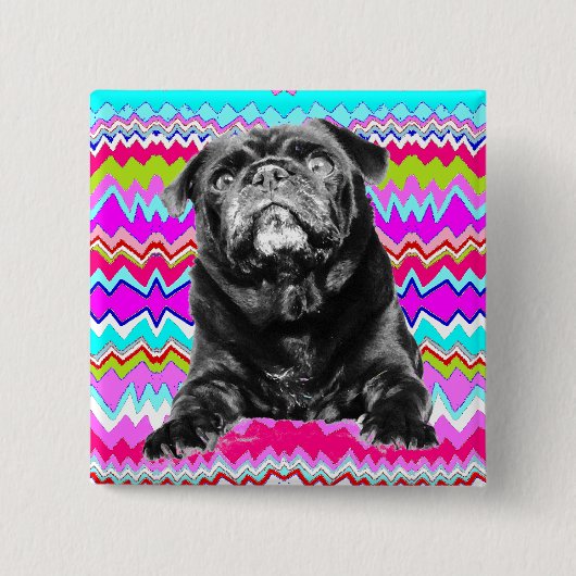 PUG BUTTON - Black PUG - Roze, Aqua & White RAD ZA (Voorkant)