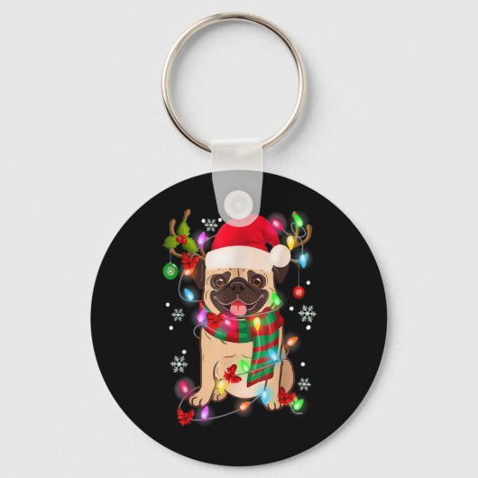 Pug Christmas Tree Lights Santa Dog Xmas Boys Pugm Sleutelhanger (Voorkant)