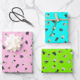 Pug Confetti - roze, turkooizen, groen  Inpakpapier Vel
