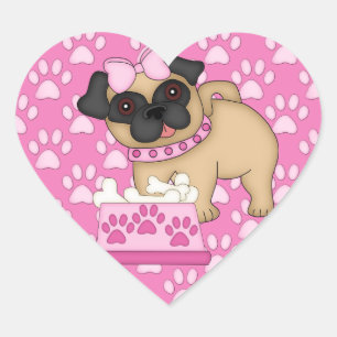 Pug Cuties roze strepen en poten Hart Sticker