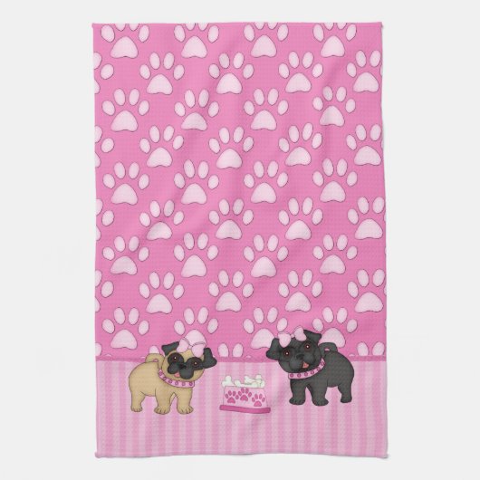 Pug Cuties roze strepen en poten Theedoek (Verticaal)
