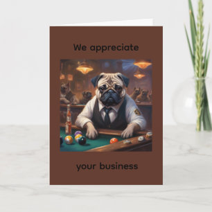 Pug detective aan pooltafel klantwaardering kaart