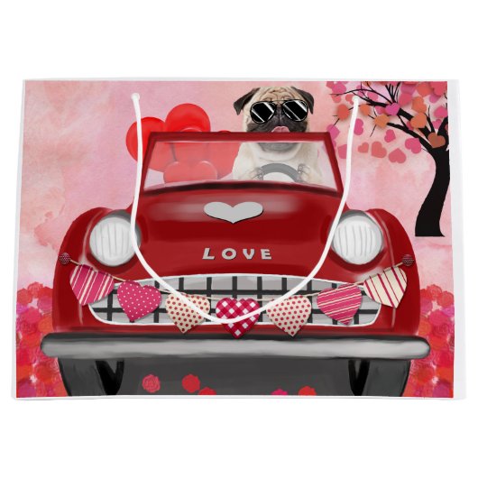 Pug Dog Auto met hart Valentijns Groot Cadeauzakje (Voorkant)