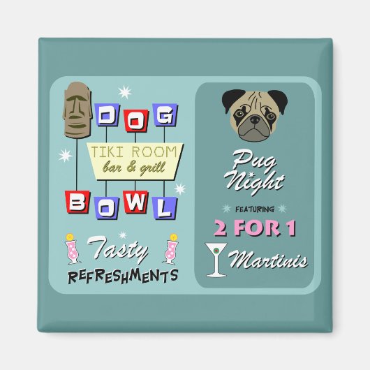 Pug Dog Bowling Tiki Nacht Magneet (Voorkant)