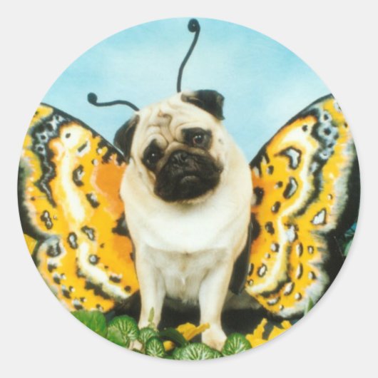 Pug Dog Butterfly Ronde Sticker (Voorkant)