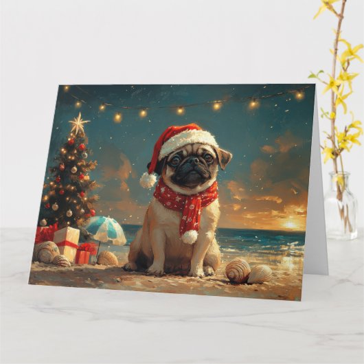 Pug Dog Christmas  Beach Kaart (Gele Bloem)