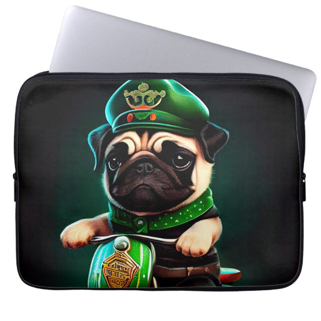 Pug Dog Driving Bike St. Patrick's Day Laptop Sleeve (Voorkant)